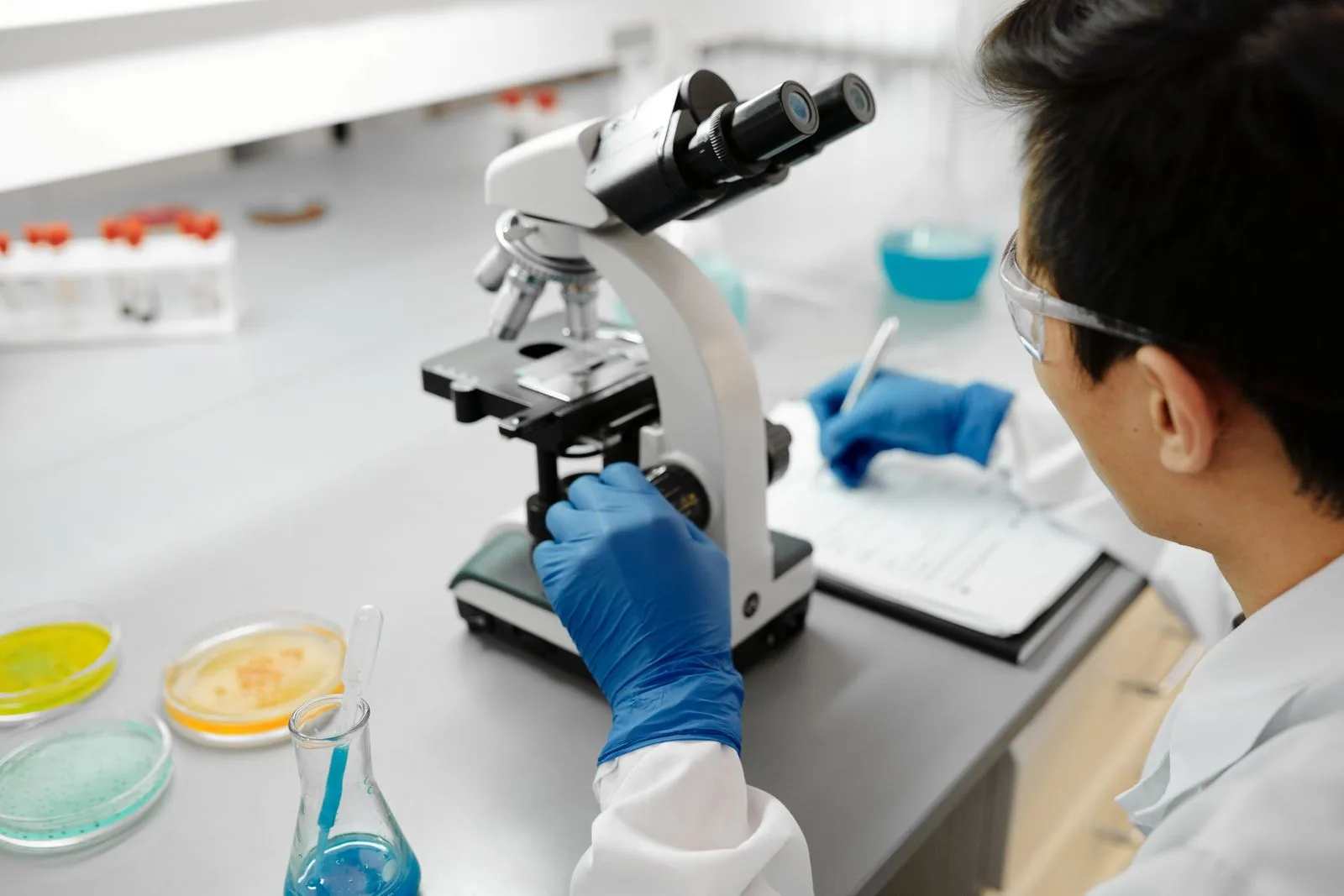Professional reviewing quality documentation in a laboratory