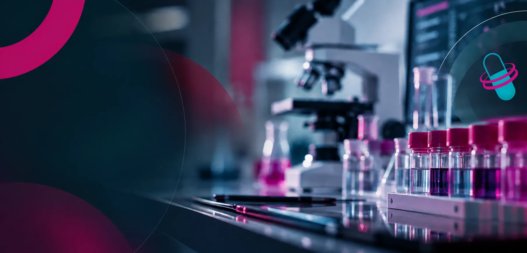 Modern pharmaceutical laboratory with production equipment and brand graphics