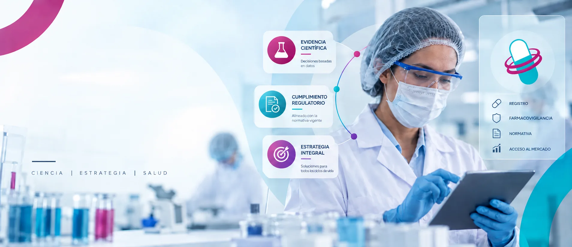 Pharmaceutical professional wearing a cap, mask, and gloves while reviewing a tablet in the laboratory