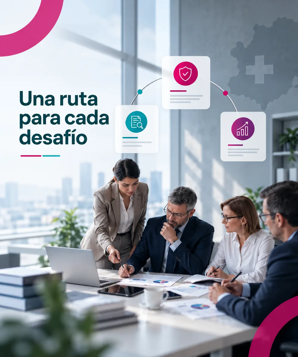 A route for every challenge: ANTOVIC team reviewing reports in a meeting, with the steps of strategy, regulatory compliance and results